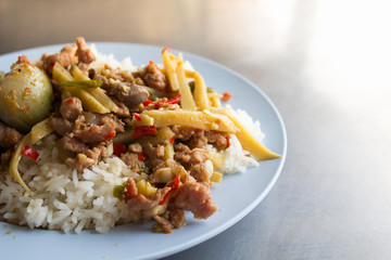 Thai spicy food basil chicken fried rice recipe