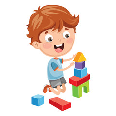 Vector Illustration Of Kid Playing With Building Blocks