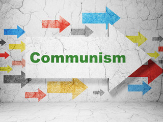 Political concept:  arrow with Communism on grunge textured concrete wall background, 3D rendering