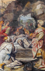 REGGIO EMILIA, ITALY - APRIL 12, 2018: The fresco of Burial of Jesus in church Basilica di San...