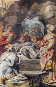 REGGIO EMILIA, ITALY - APRIL 12, 2018: The fresco of Burial of Jesus in church Basilica di San Prospero by Camillo Procaccini (1585 - 1587).