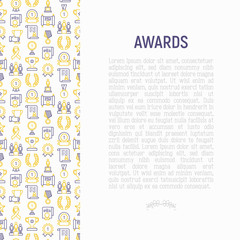 Awards concept with thin line icons: trophy, medal, cup, star, statuette, ribbon. Modern vector illustration of prizes for competition. Template for print media, banner.