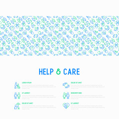 Help and care concept with thin line icons: symbols of support, help for children and disabled, togetherness, philanthropy and donation. Modern vector illustration, template for print media.