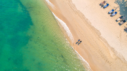 Sea Aerial view and top view, amazing nature background.The color of the water and beautifully bright.Azure beach with rocky mountains and clear