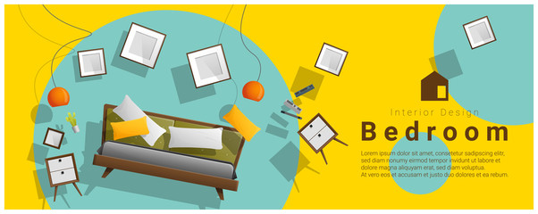 Horizontal interior banner sale with bedroom furniture hovering on colorful background , vector , illustration