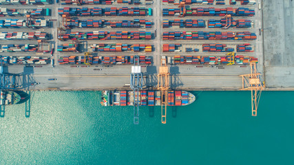 Container ship in export and import business and logistics. Shipping cargo to harbor by crane. Water transport International. Aerial view and top view