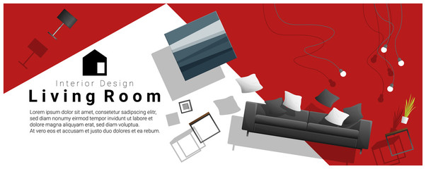 Horizontal interior banner sale with living room furniture hovering on colorful background , vector , illustration