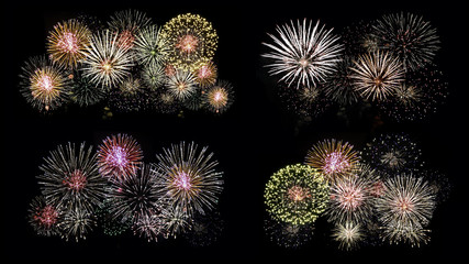 Brightly Colorful Fireworks isolated black background with clipping path. New Year celebration fireworks.