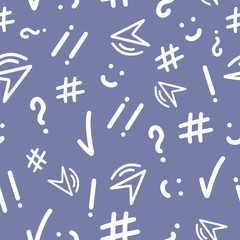 Abstract seamless patterns with punctuation marks, hashtag, check mark, smile. Hand drawn elemements for on-line communication, chatting. Vector illustration.