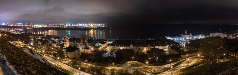 Fototapeta na wymiar Night view of Nizhny Novgorod with Kanavinsky bridge and Alexander Nevsky Cathedral