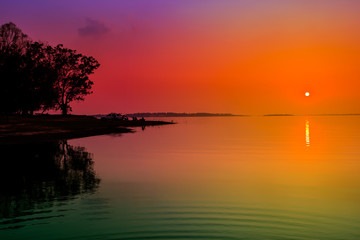 Fototapeta na wymiar Sunset, Sunrise - Dawn, Springtime, Pier, Lake