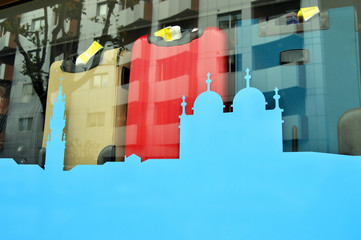 Blue vinyl skyline of the city of Porto in the showcase of a store, Portugal.