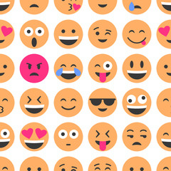 Fototapeta premium Emoji and emoticons. Smiles, flat icons. Set or collection of characters. Seamless pattern