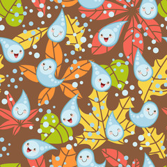 Seamless brown pattern with cute raindrops and colorful autumn leaves. Vector illustration
