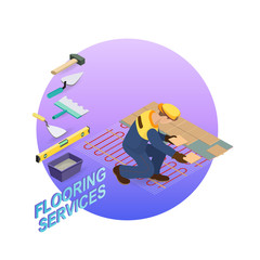 Isometric interior repairs concept. The Repairer is laying tile.