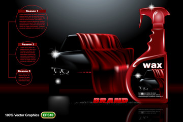 Covered car template on black background with wax spray.  Mock up is ready to be converted to your business needs.  Realistic image