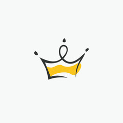 Graphic modernist element drawn by hand. royal crown of gold. Isolated on white background. Vector illustration. Logotype, logo