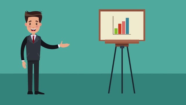 Businessman exposing business with whiteboard High Definition animation colorful scenes