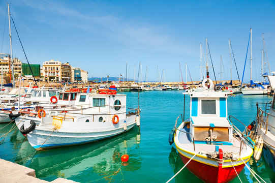 Old harbor with boats in Heraklion, Crete, Greece