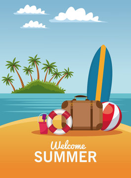 Welcome Summer Card With Cartoons Vector Illustration Graphic Design