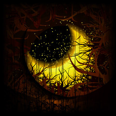 Illustration of a magic crescent fallen in curly dark branches. Fireflies. Night.