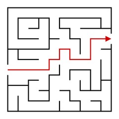 Squared maze with way from entrance to exit over white background. Solution concept