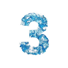 Alphabet number 3. Liquid font made of blue transparent water. 3D render isolated on white background.