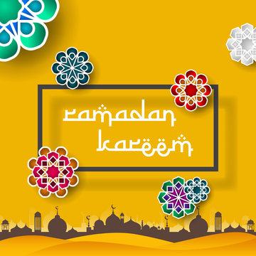 Ramadan Kareem vector banner, text in middle with lantern and Mosque. Ramadan Kareem ads, flyer, invitation, greeting card. Islamic background.