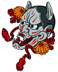 hand drawn Oni mask with cherry blossom and peony flower.Japanese demon mask on wave and sakura flower tattoo.