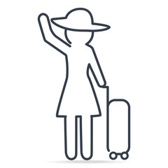 Woman pulling a Luggage in vacation, simple line icon illustration