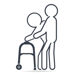 Man helps elderly man patient with a walker, simple line icon illustration