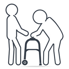 Fototapeta premium Man helps elderly man patient with a walker, simple line icon illustration