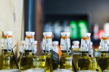 Bottles with olive oil in the restaurant. Slovakia