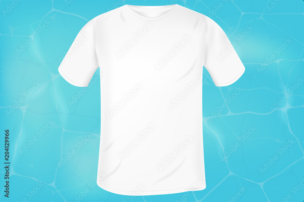 Wall mural vector blank white men's t-shirt template on blue water surface background. mocap for clothing desig