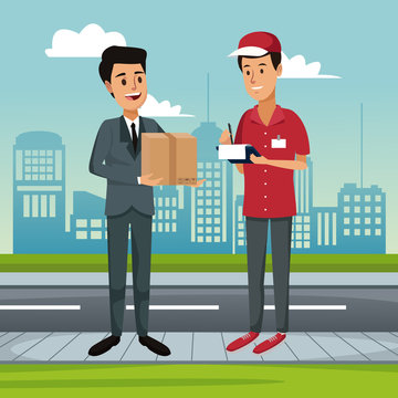 Courier delivering package cartoon vector illustration graphic design