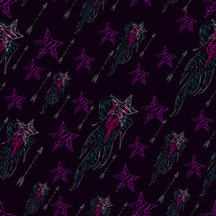 Seamless, military background. Flying, falling arrows, stars, shells. An abstract pattern.