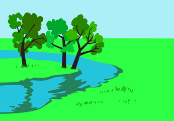 Landscape with river banks and trees. Vector illustration.