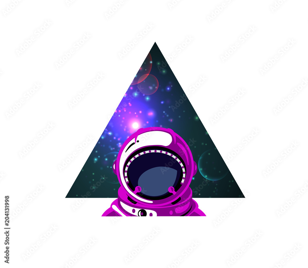 Wall mural abstract poster with astronaut in open space and triangle shape. vector illustration.