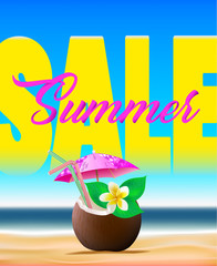 Summer sale poster design with seaside, decorate text and umbrella. Vector illustration.