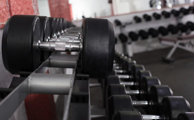 Fototapeta premium Dumbbell weights on rack in gym