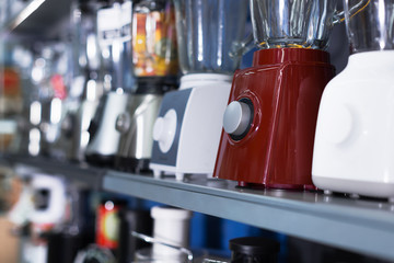 Assortment of kitchen appliances at household store