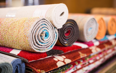 Traditional  colorful carpets in carpet shop, nobody