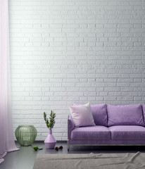 Mock up poster frame in hipster interior background in pink colors and brick wall, 3D render, 3D illustration