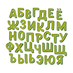 Cute cyrillic hand drawn alphabet made in vector. Doodle russian green letters with dots. Isolated characters. Handdrawn display font for DIY projects and kids design.
