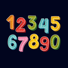 Cute Handdrawn numbers set for kids made in vector. Doodle math elements from 0 to 9. Isolated characters. 