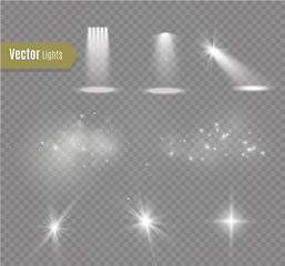 Glow isolated white transparent light effect set, lens flare, explosion, glitter, line, sun flash, spark and stars. Abstract special effect element design. Shine ray with lightning, sparkling round.