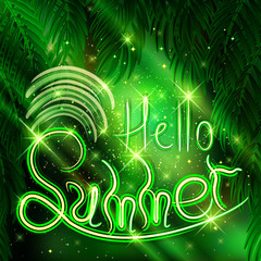 Vector inscription - Hello Summer on yellow-green, star background nebula with hanging, palm leaves and light rays.