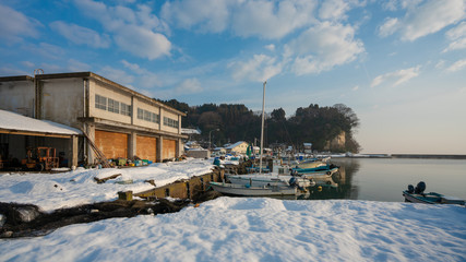 Fototapeta na wymiar Coastal Snow Sea Pier Port
