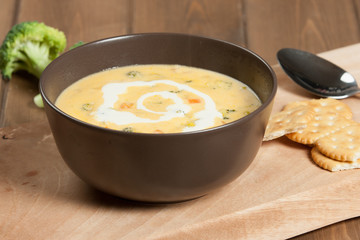 Broccoli Cheese Soup With Cream And Red Leicester.