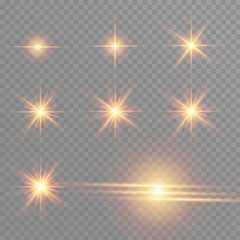 Yellow glowing light burst explosion on transparent background. Vector illustration light effect decoration with ray. Bright star. Translucent shine sun, bright flare.